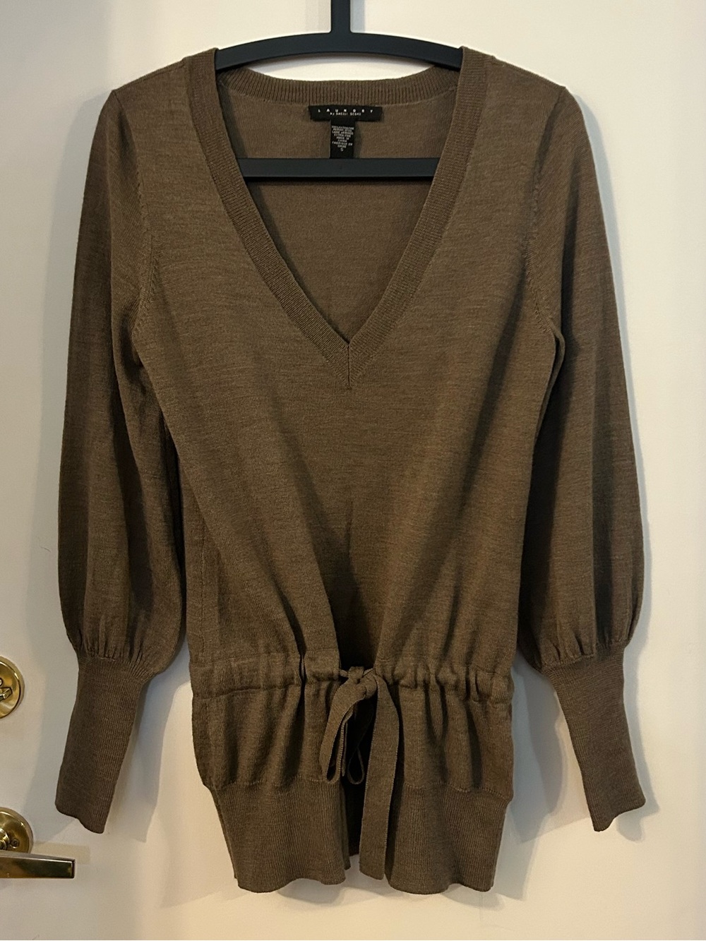 Laundry By Shelli Segal 100% Merino Wool Brown V-Neck Drawstring Waist Sweater S